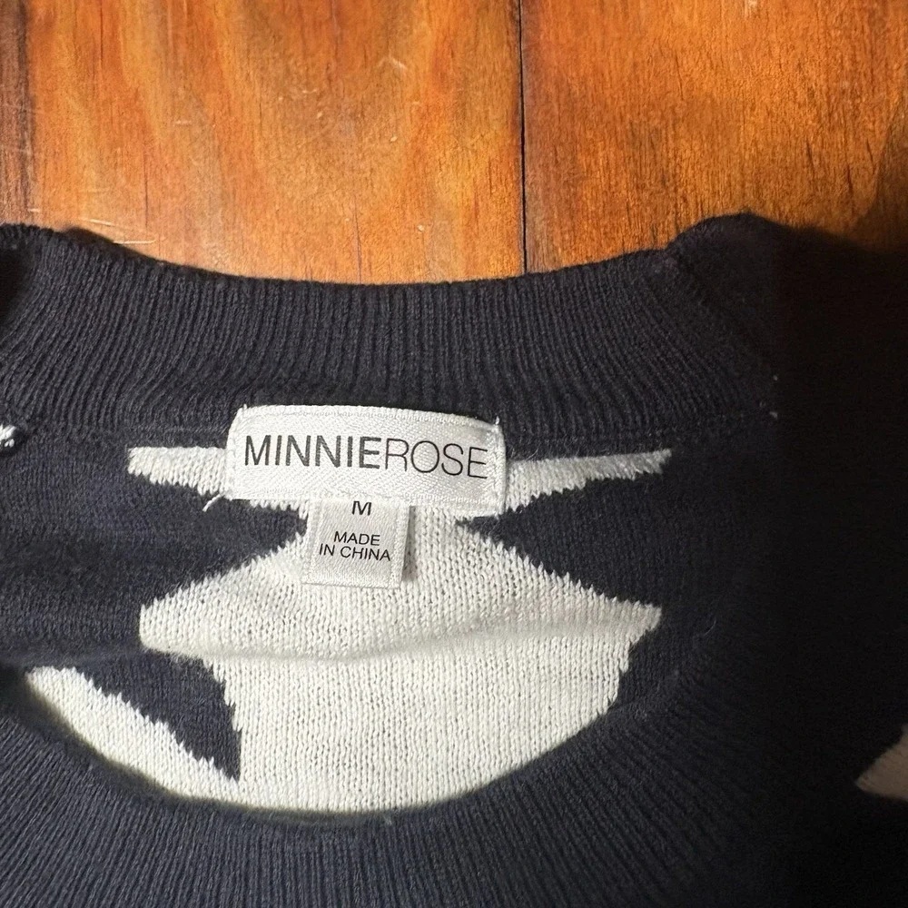Minnie Rose Blue White Star Contrast Pullover Sweater Cashmere Blend Sz M A1827